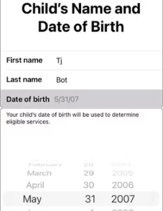 Enter your child’s first name, last name, and date of birth