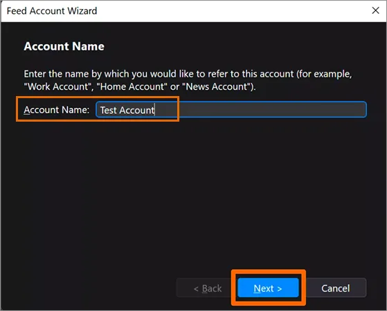 Enter the account name and click Next.