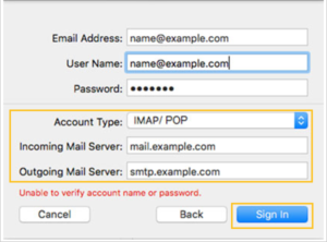 Type in the mail server settings & click Sign In