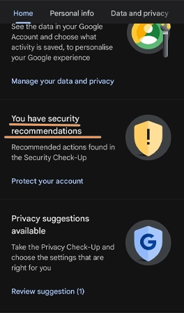 Security recommendation option in Gmail